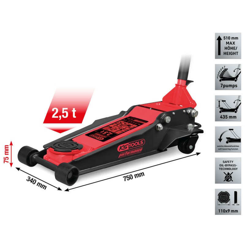 Cric hydraulique Performance en acier, 2 500 kg, plat, levée : 75-510 mm - KSTools | 160.1015