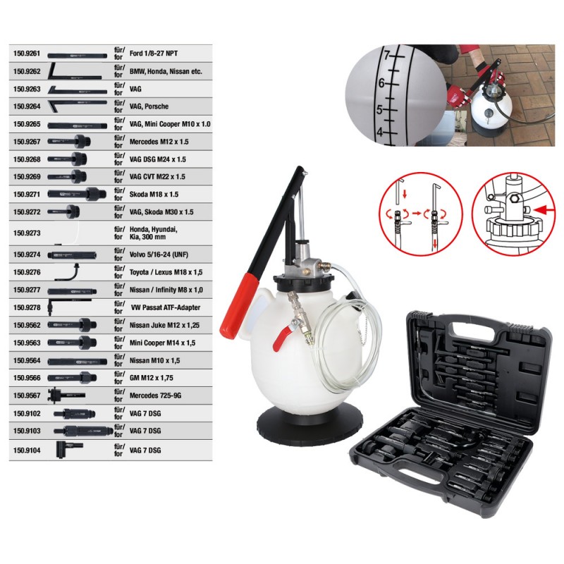 Dispositif de remplissage et de vidange d'huile de transmission avec adaptateur 23 pcs  - KSTools | 150.9105
