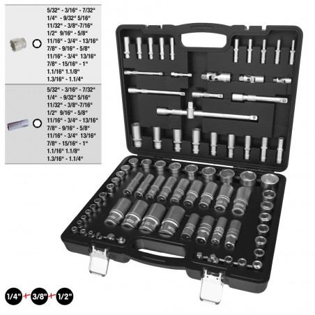 Jeu de clés à douille 1/4'' +3/8'' +1/2'' , 82 pcs, dimensions en pouces - KSTools | 917.0082