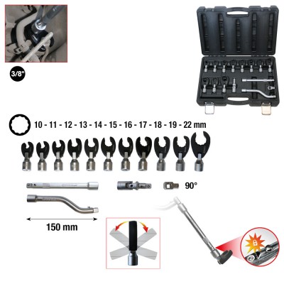 Jeu de clés à fourche articulée 3/8''  12 pans, 15 pcs, 10-22 mm - KSTools | 913.3835