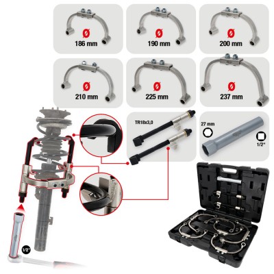 Jeu de compresseurs de ressort universel McPherson avec étrier de sécurité, 9 pcs - KSTools | 500.8790