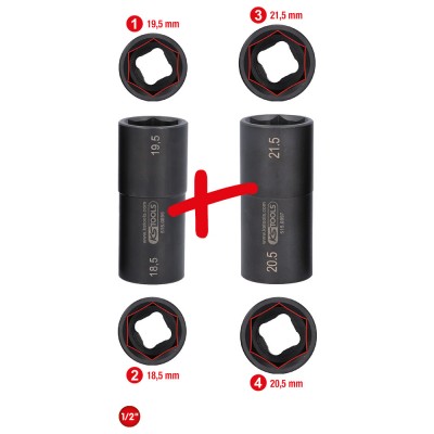 Jeu de douilles à chocs spéciales 1/2''  pour jantes alu - pour Ford, 18,5 / 19,5 / 20,5 / 21,5 mm - 2 pcs - KSTools | 515.0895