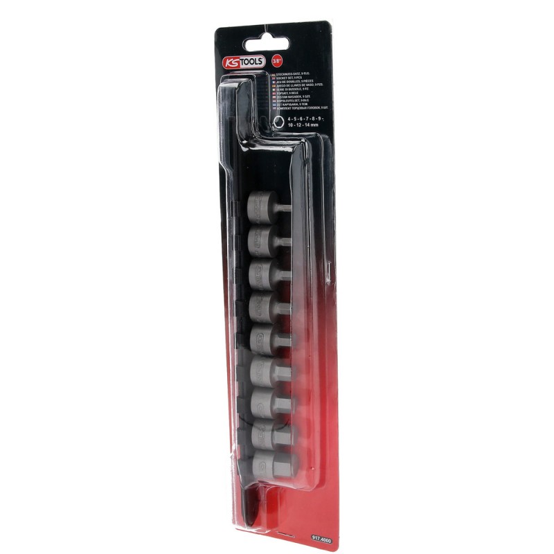 Jeu de douilles à embout 3/8''  à 6 pans creux, courtes, 9 pcs, 4-14 mm - KSTools | 917.4000