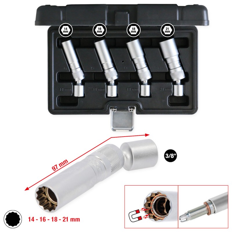 Jeu de douilles pour bougies d’allumage 3/8'' , 4 pcs, magnétiques avec articulation - KSTools | 517.1145