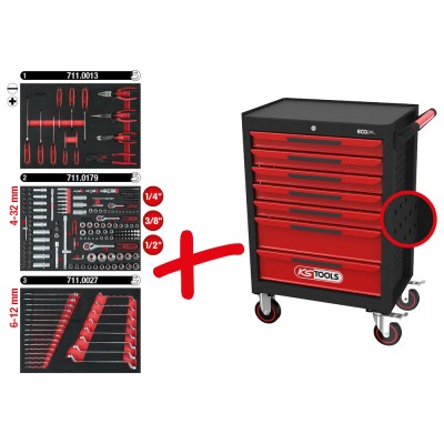 Servante d'atelier ECOline NOIR/ROUGE 7 tiroirs equipée de 215 outils - KSTools | 897.7215