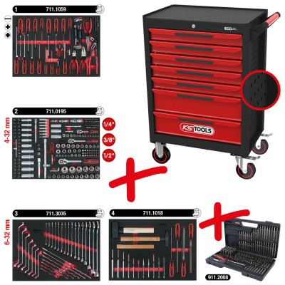 Servante d'atelier ECOline NOIR/ROUGE 7 tiroirs équipée de 515 outils - KSTools | 897.7515