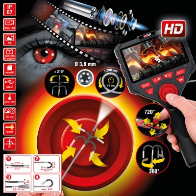 Set vidéoscope HD avec sonde de caméra frontale HD 720° et 0° Ø 3,9 mm, gaine flexible en PVC - KSTools | 550.7580