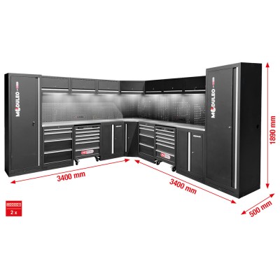 Système d’armoire d’atelier, forme en L, 3400 x 3400 mm - KSTools | 866.6285